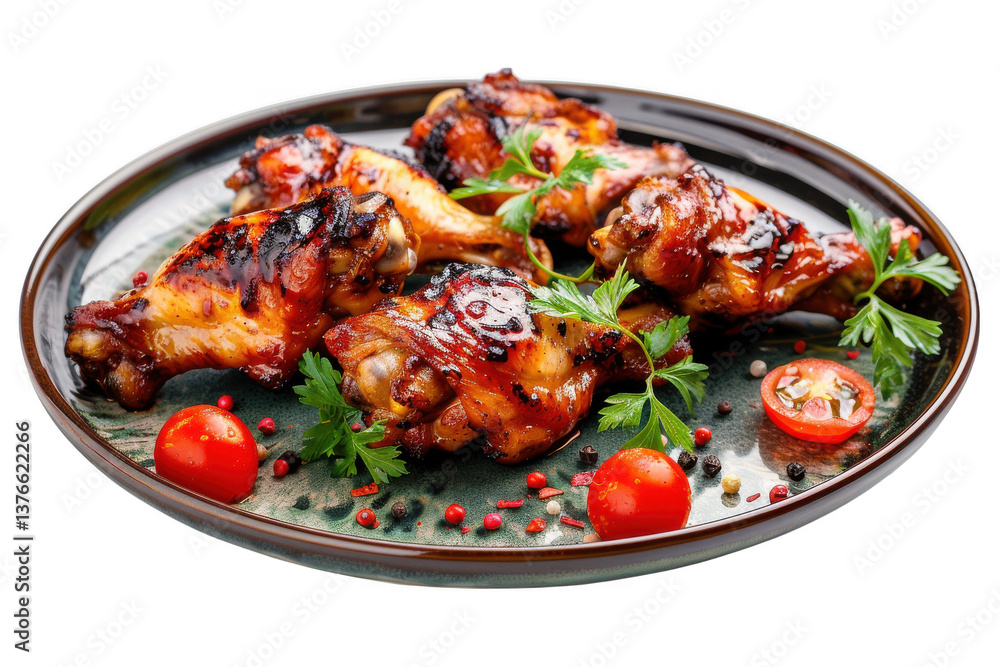 Glazed chicken wings served on a plate with tomatoes and parsley sprigs transparent background Glazed chicken wings served on a plate with tomatoes and parsley sprigs transparent background