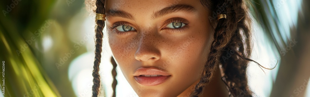 Fototapeta premium Beautiful boho braids enhance natural beauty in soft light