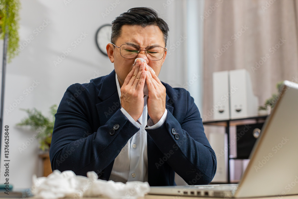 Sick ill Asian middle-aged businessman in suit suffers from cold flu fever or allergy working on laptop at home office. Overworked Chinese freelancer employee man blows sneezes wipes snot into napkin Sick ill Asian middle-aged businessman in suit suffers from cold flu fever or allergy working on laptop at home office. Overworked Chinese freelancer employee man blows sneezes wipes snot into napkin