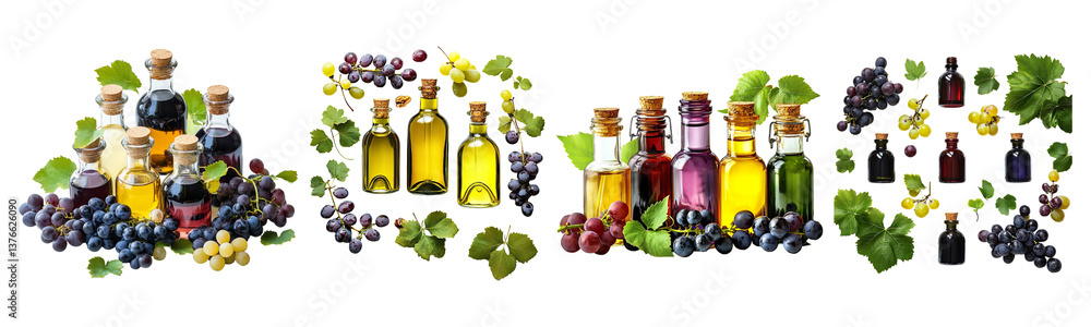 Set of grape seed oil in glass bottles surrounded by fresh grapes and leaves natural ingredient isolated on transparent background Set of grape seed oil in glass bottles surrounded by fresh grapes and leaves natural ingredient isolated on transparent background
