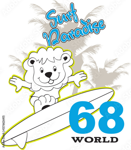 Beachside Surf Paradise with Cartoon Lion on Surfboard
