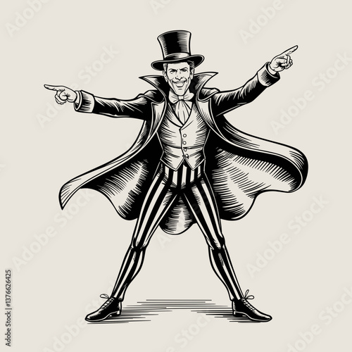 Vintage Circus Ringmaster Pointing in Woodcut Style