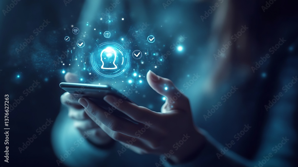 Person Hands Hold Mobile Phone with Glowing Head Icon and Tick Symbols Overlay Person Hands Hold Mobile Phone with Glowing Head Icon and Tick Symbols Overlay