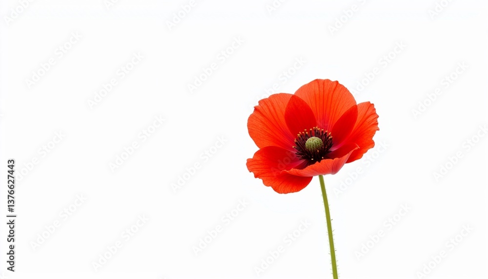 Fototapeta premium Single red poppy flower on white background in minimal style