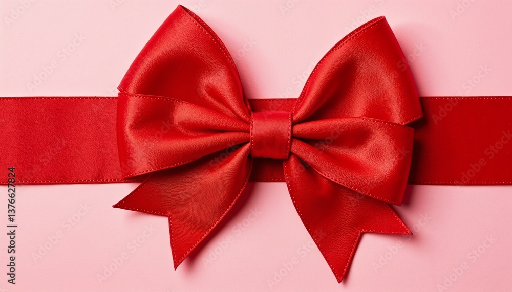 Naklejka premium Red satin gift bow on pink background.