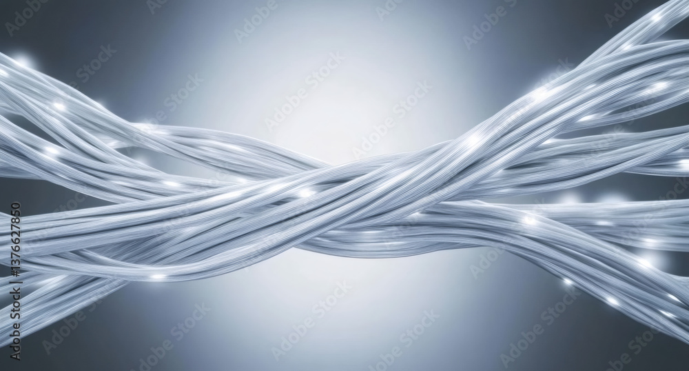Many white cables merging and twisting into one big cable, representing connection, network, and data transfe