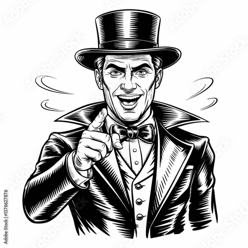 Vintage Circus Ringmaster Pointing in Woodcut Style
