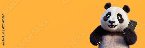 Funny smiling happy panda holding mobile phone.