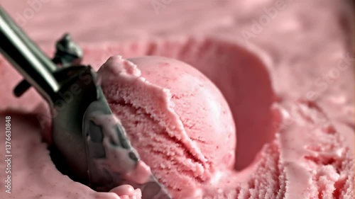 Scooping pink ice cream, close-up texture, representing dessert preparation