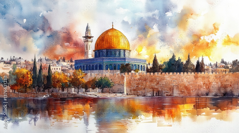 Fototapeta premium Vibrant Jerusalem Skyline, Jerusalem with the dome of the rock. Watercolor