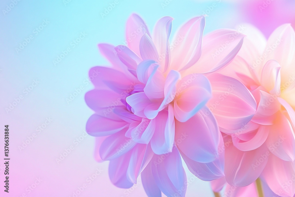 Obraz premium close-up of pastel-colored beautiful flowers on pastel gradient background, romantic floral banner