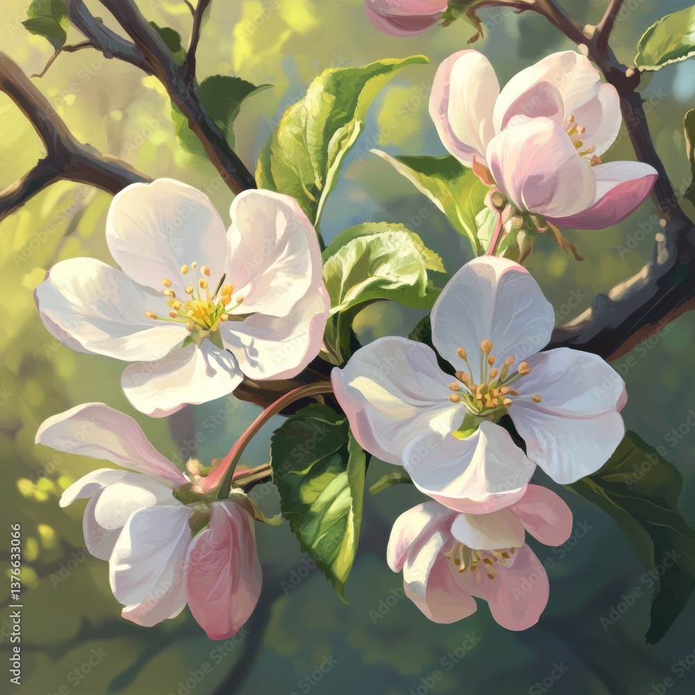 Fototapeta premium Beautiful flowing apple blossoms captured in a detailed and realistic digital painting with soft pastel colors and vibrant growth Generative AI
