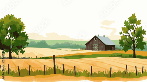 Watercolor vector farm with a rustic barn and soft earthy tones