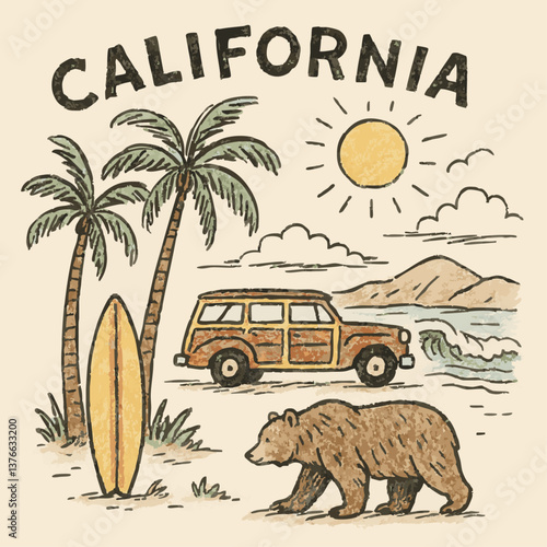 sketch doodle California palm trees bear surf board