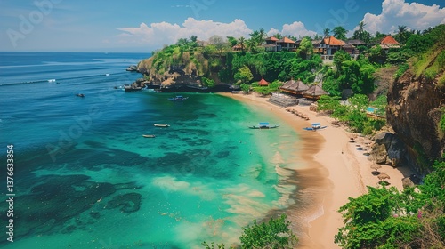 Empty Tropical Sandy Beach with Crystal Clear Sea Background – Tranquil Paradise View of Bali, Indonesia, Perfect for Vacation, Travel, and Relaxation Themes

