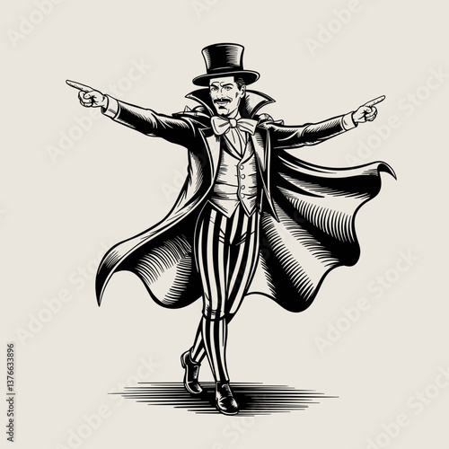 Vintage Circus Ringmaster Pointing in Woodcut Style