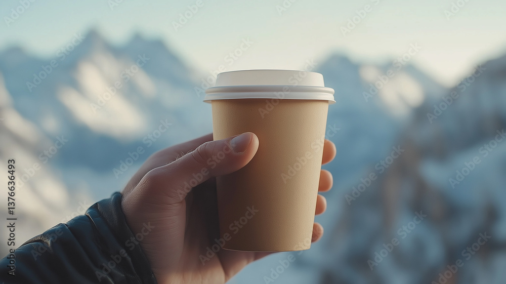 Hand Holding Coffee Cup Against Snowy Mountain Backdro Hand Holding Coffee Cup Against Snowy Mountain Backdro