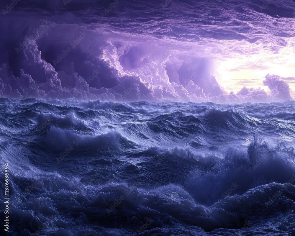 Fototapeta premium Dramatic ocean scene under a stormy, purple-hued sky. Waves crash powerfully. Light breaks through