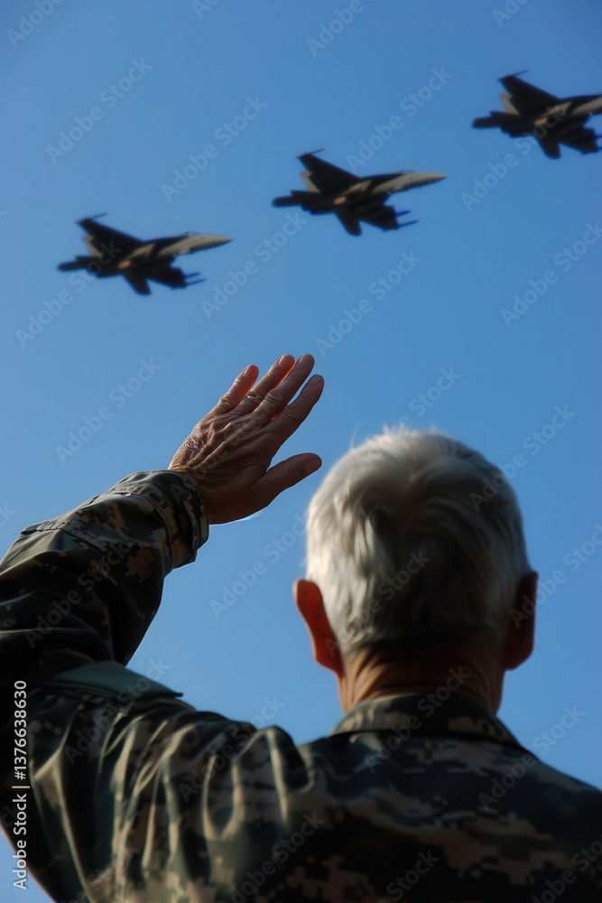 Veteran Saluting Military Jets During Memorial Day Ceremony in Crisp Uniform