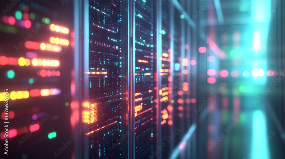 Fototapeta premium Big data 3D illustration. Neural network and cloud technologies. Global database and artificial intelligence. Bright, black and white background with bokeh effect