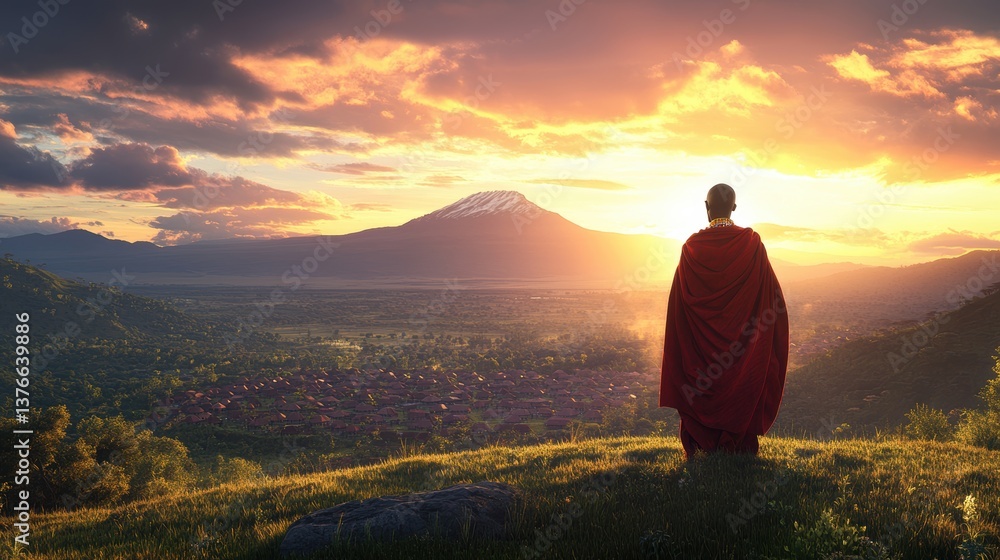 Obraz premium A solitary monk in a crimson robe stands on a green hilltop, admi a stunning sunrise over a vast valley and majestic mountains at dawn's light.