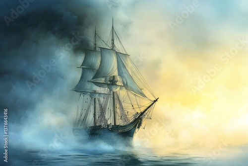 A vintage frigate navigates through a mysterious fog bank at dawn.