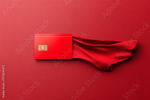 Fototapeta Naklejka Na Ścianę i Meble -  A red bank card with a chip on a red background with a red fabric flowing behind it. Minimalist presentation, clean design and finance concept.