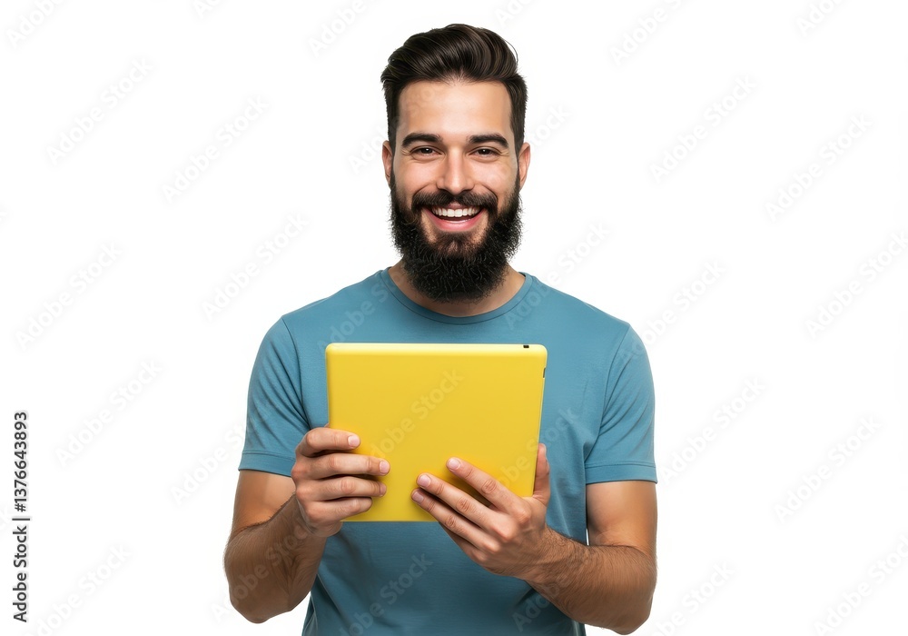 A bearded man in a blue shirt holding a yellow tablet smiling isolated on white background A bearded man in a blue shirt holding a yellow tablet smiling isolated on white background
