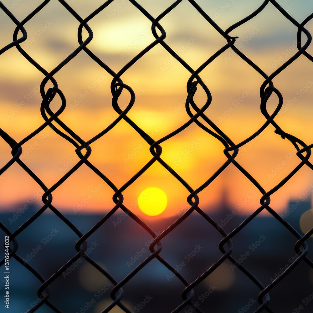 Fototapeta premium A chain link fence with a sunset in the background creating a silhouette against the bright light