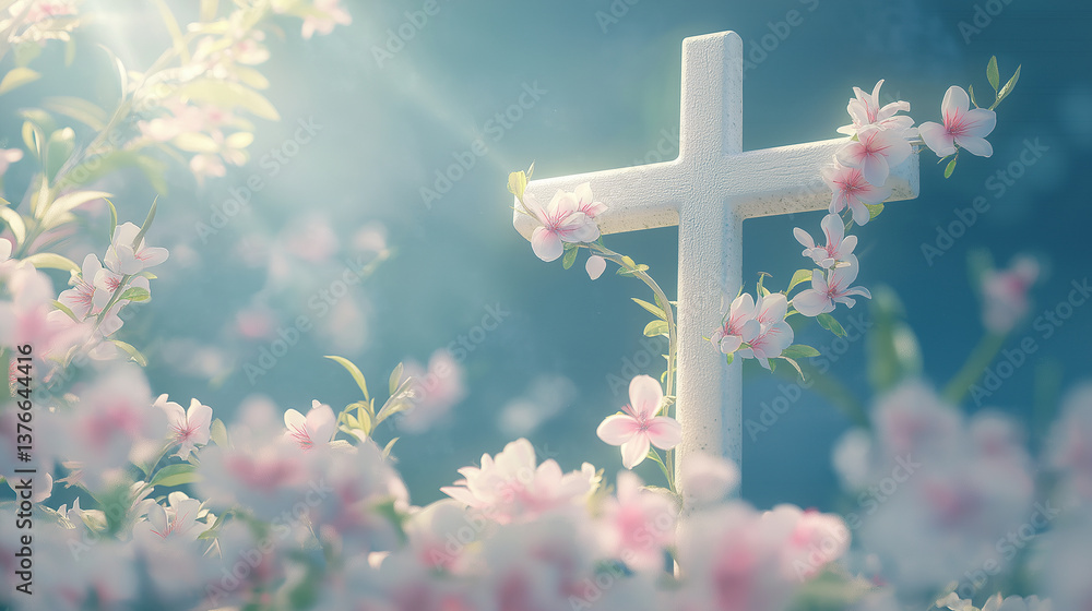 Christ cross with spring flowers, religious background, copy space for text Christ cross with spring flowers, religious background, copy space for text
