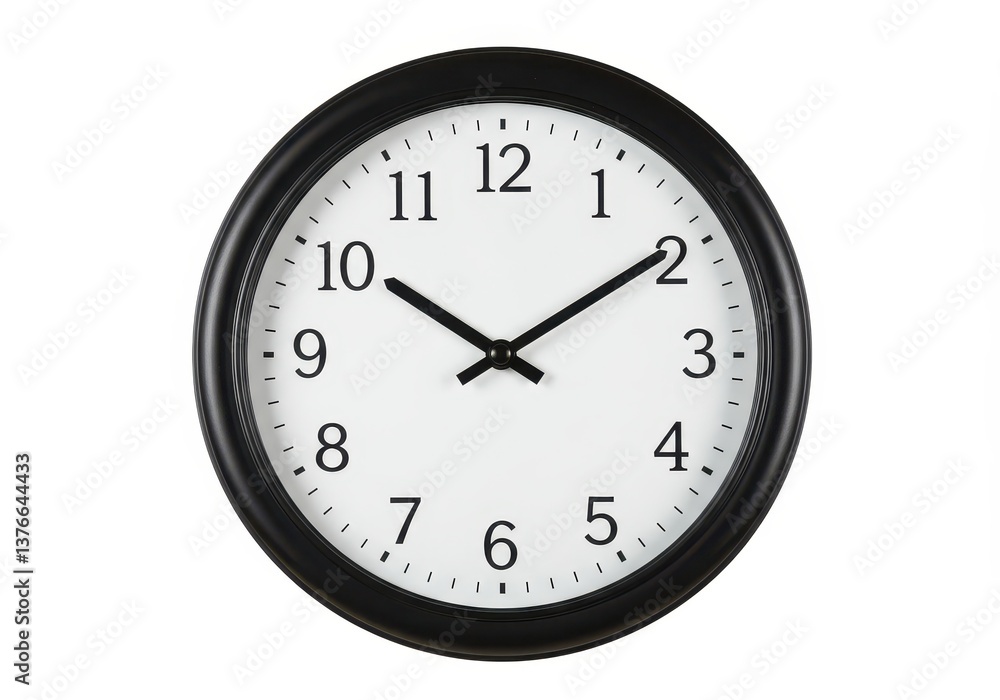 Analog wall clock with a black frame and white dial black hour minute and second hands isolated on white background Analog wall clock with a black frame and white dial black hour minute and second hands isolated on white background