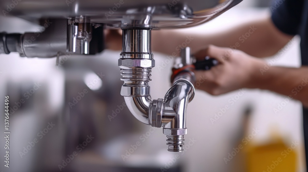 A construction worker adjusting plumbing pipes under a sink. Featuring detail and craftsmanship A construction worker adjusting plumbing pipes under a sink. Featuring detail and craftsmanship