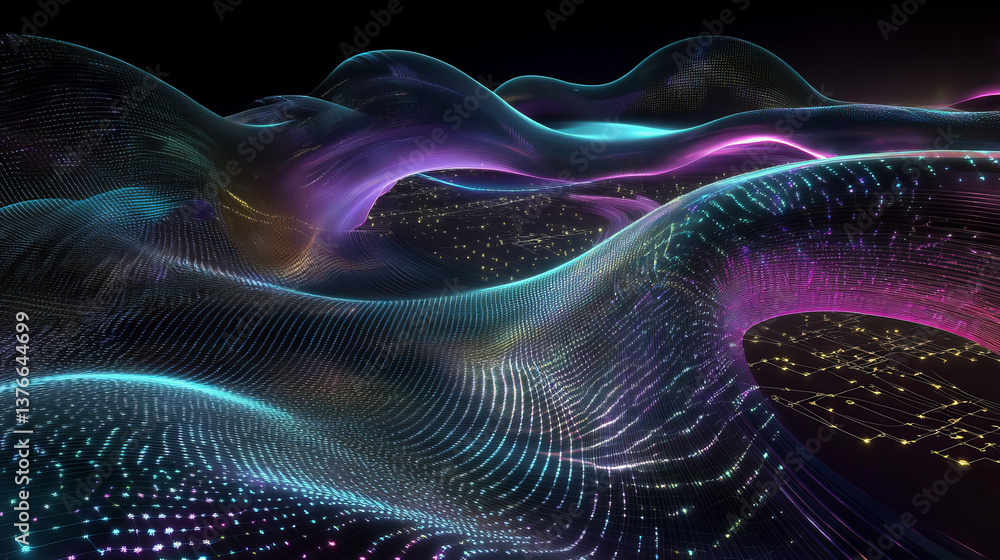 Fototapeta premium Cyber field information flow 3D illustration. Abstraction of lines and rays on a wavy surface