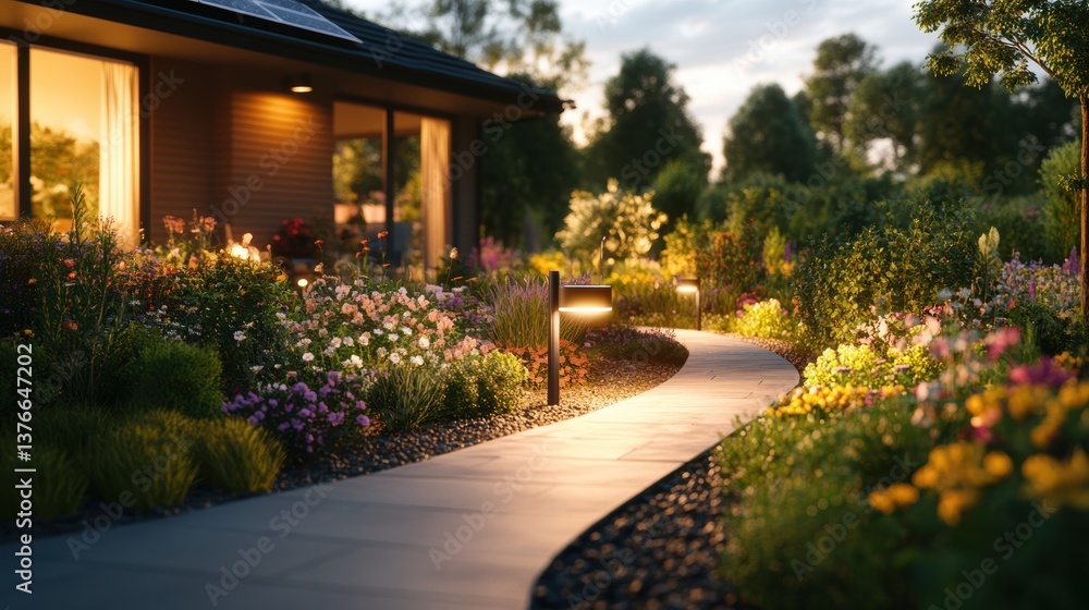 Fototapeta premium A picturesque winding paved pathway lit by outdoor lights meanders through a vibrant garden next to a modern house at twilight with blooming flowers