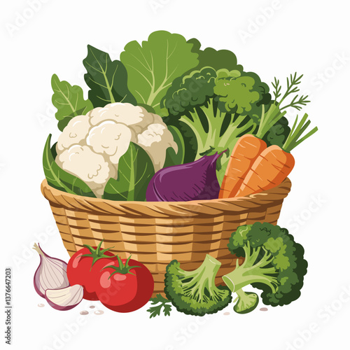 Basket of Fresh Vegetables with Tomatoes, Carrots, and Greens