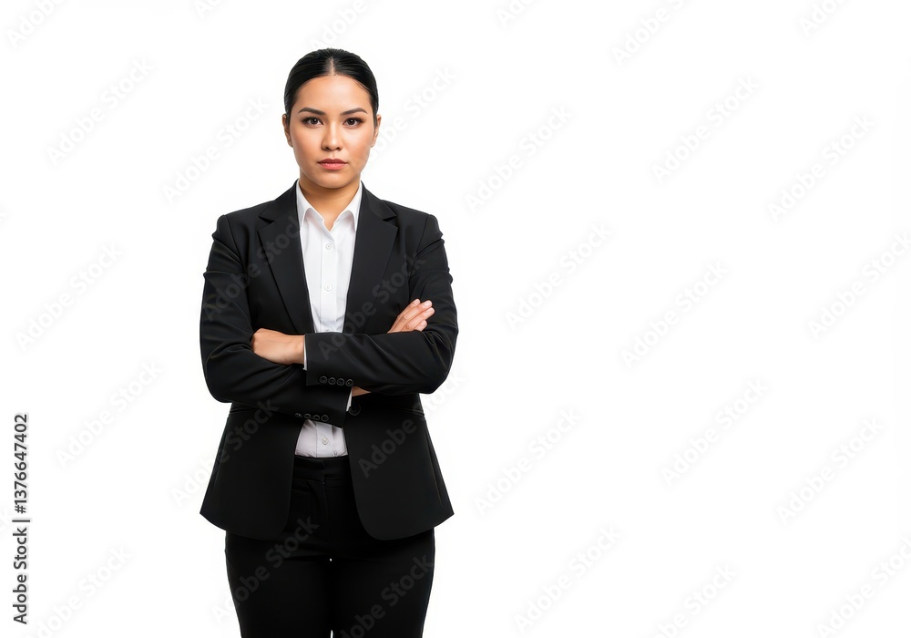 A confident businesswoman wearing a black suit and white shirt standing with arms crossed isolated on white background A confident businesswoman wearing a black suit and white shirt standing with arms crossed isolated on white background