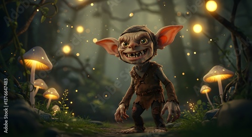 Goblin Standing in Enchanted Forest with Glowing Mushrooms and Fireflies