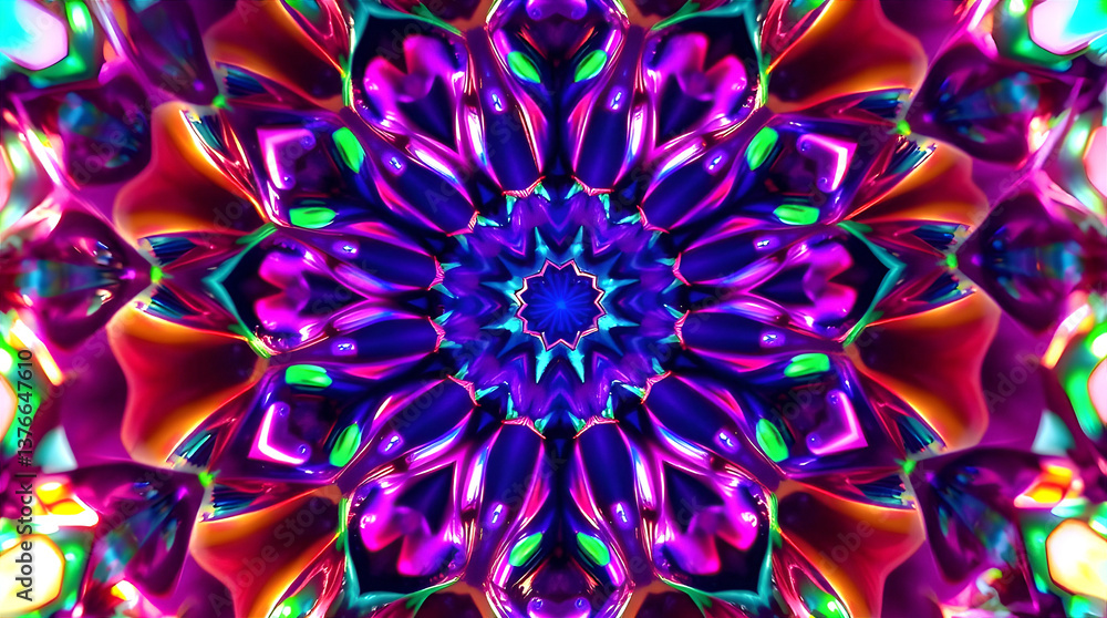 A stunning kaleidoscope pattern featuring vibrant colors and glowing geometric shapes creating an eye-catching and mesmerizing visual. It's a world of imagination that takes you on a journey A stunning kaleidoscope pattern featuring vibrant colors and glowing geometric shapes creating an eye-catching and mesmerizing visual. It's a world of imagination that takes you on a journey