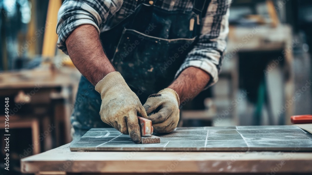 A construction worker applying grout between tiles. Featuring attention to detail and precision A construction worker applying grout between tiles. Featuring attention to detail and precision