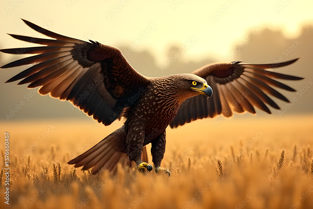 Naklejka premium Majestic Snake Eagle Soaring Over Golden Wheat Fields - Ultra-Detailed 8K UHD Realism