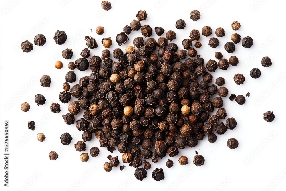 Black peppercorns scattered on a white surface showcasing their varied textures and colors for culinary uses Black peppercorns scattered on a white surface showcasing their varied textures and colors for culinary uses