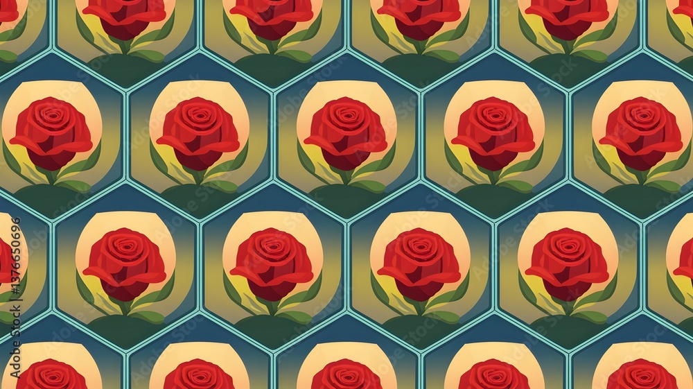 Fototapeta premium A background with roses in a honeycomb with a smooth sky blue gradient.