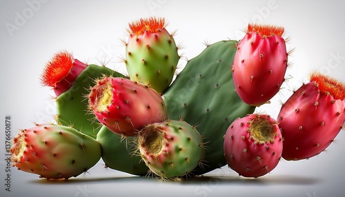 a vibrant prickly pear cactus opuntia with lush green pads and bright red fruit isolated on a transparent background