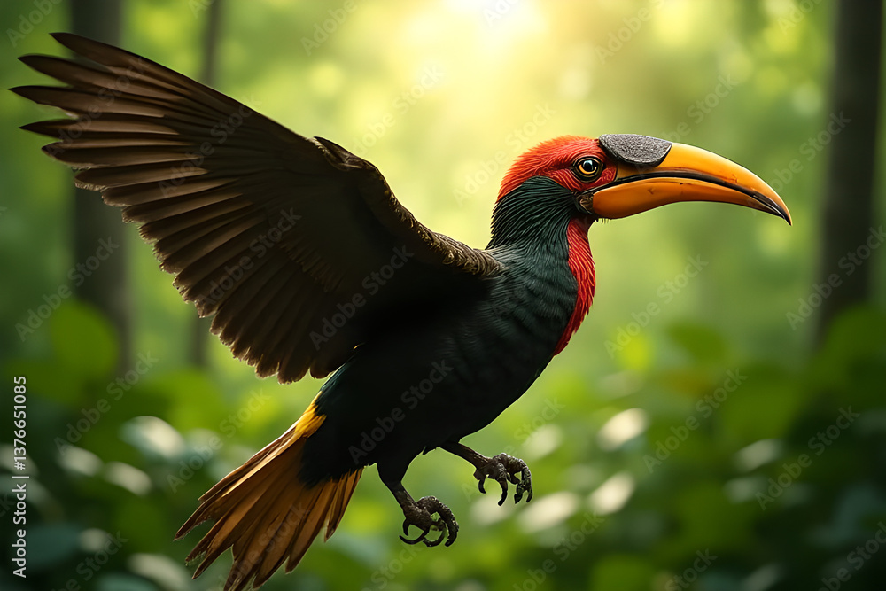 Fototapeta premium Stunning 32K Photorealistic Hornbill in Jungle Flight: Motion Blur Wings, Vivid Greens, Radiant Light