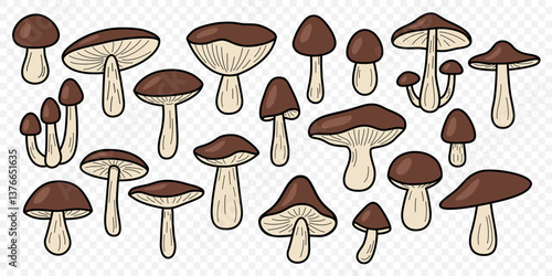 Wild Brown Cap Mushrooms Vector Set. Flat Color Hand Drawn Forest Fungi Collection. Porcini, Bay Bolete, Birch Bolete, King Mushroom Icon Set. Foraging, Cooking, Mycology, Botanical Illustration