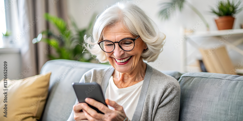Smiling senior woman in eyeglasses squinting eyes, try to read message on cellphone, having problems with vision, sitting on couch at home Smiling senior woman in eyeglasses squinting eyes, try to read message on cellphone, having problems with vision, sitting on couch at home