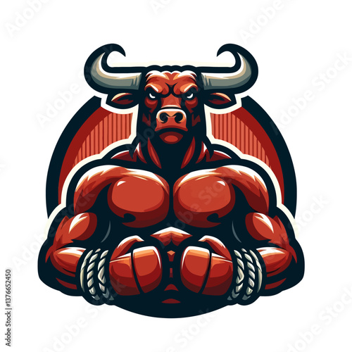 "Illustrazione vettoriale di un logo mascotte di un combattente di tori audace in stile adesivo, perfetto per branding, squadre sportive o merchandising con un design forte e dinamico."
