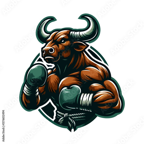 "Illustrazione vettoriale di un logo mascotte di un combattente di tori audace in stile adesivo, perfetto per branding, squadre sportive o merchandising con un design forte e dinamico."