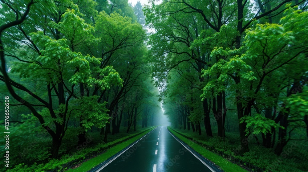Fototapeta premium Scenic Road Through Forest with Fog and Green Trees Landscape