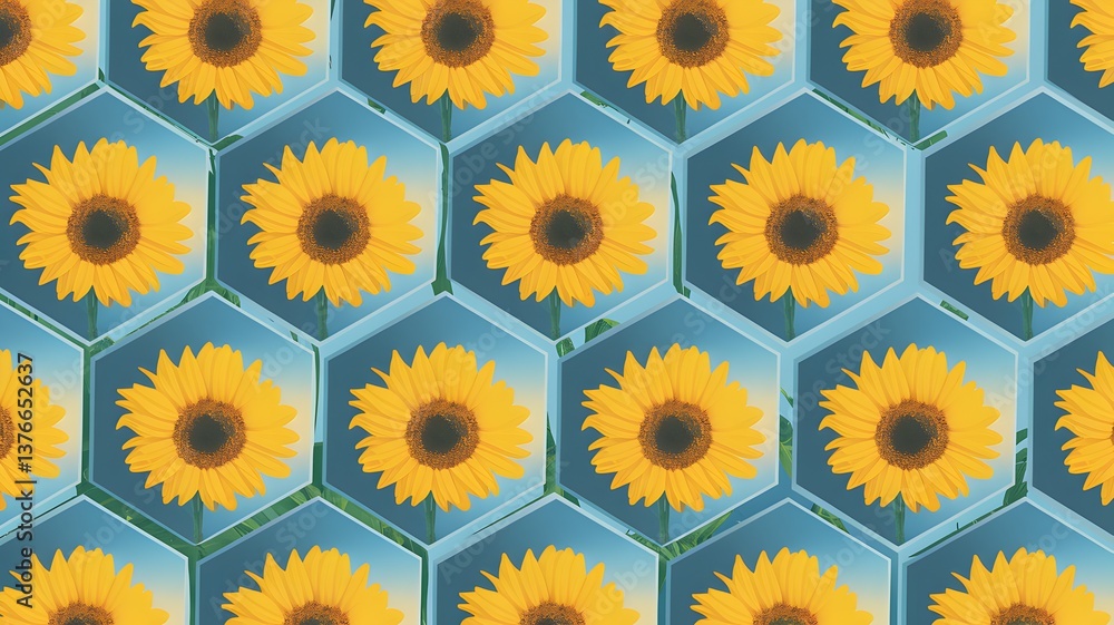 A background with sunflowers in a honeycomb with a smooth sky blue gradient. A background with sunflowers in a honeycomb with a smooth sky blue gradient.